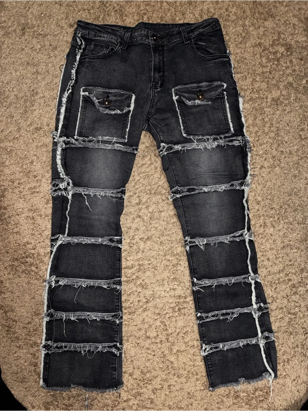 Men's Distressed Black Frayed Patchwork Jeans